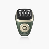 Front view of green Noor Zikr Ring 2.0 with digital display showing 9999, ideal for zikr and prayer reminders.