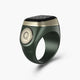Angled view of green Noor Zikr Ring 2.0 showcasing smart tasbeeh design and side button for easy zikr counting.