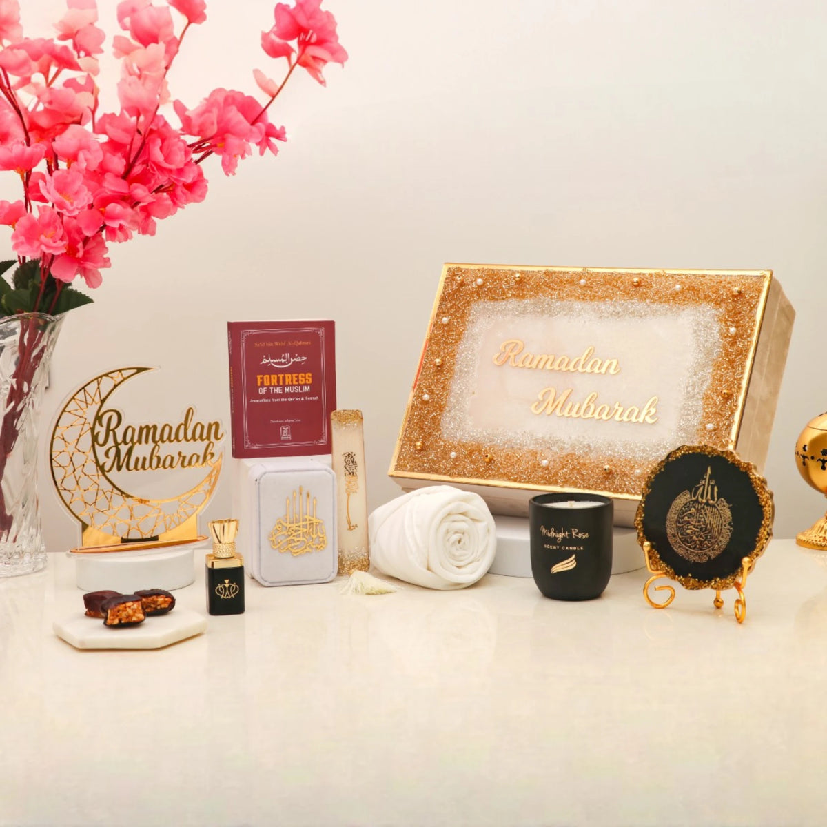 Noor Al-Ramadan Gift Box - Ramadan Gift Box | Essentials featuring tasbeeh, candle, scarf, Ayatul Kursi frame, and Islamic decor in gold box.