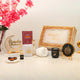 Noor Al-Ramadan Gift Box - Ramadan Gift Box | Essentials featuring tasbeeh, candle, scarf, Ayatul Kursi frame, and Islamic decor in gold box.