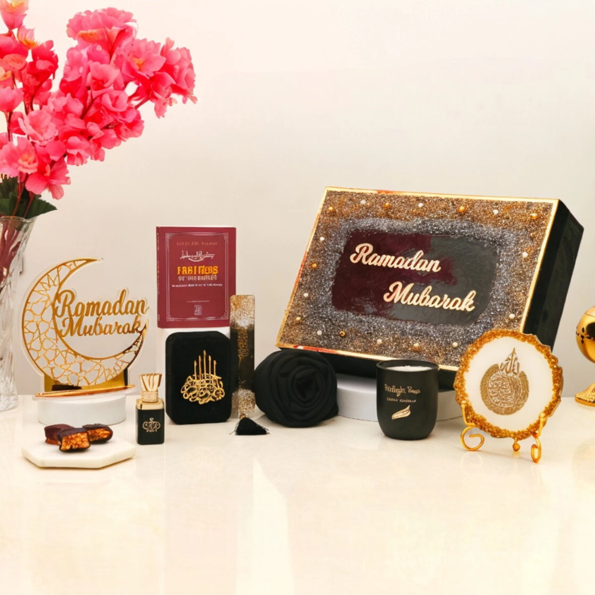 Black Noor Al-Ramadan Gift Box with prayer essentials, candle, and Islamic decor, perfect for elegant Ramadan gifting.