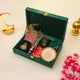 Green Noor Al-Ramadan Gift Box open with tasbeeh, prayer book, and Islamic decor, perfect for festive Ramadan gifting.