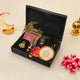 Open Noor Al-Ramadan Gift Box in black with prayer essentials, hijab, and candle, ideal for religious Ramadan gifts.