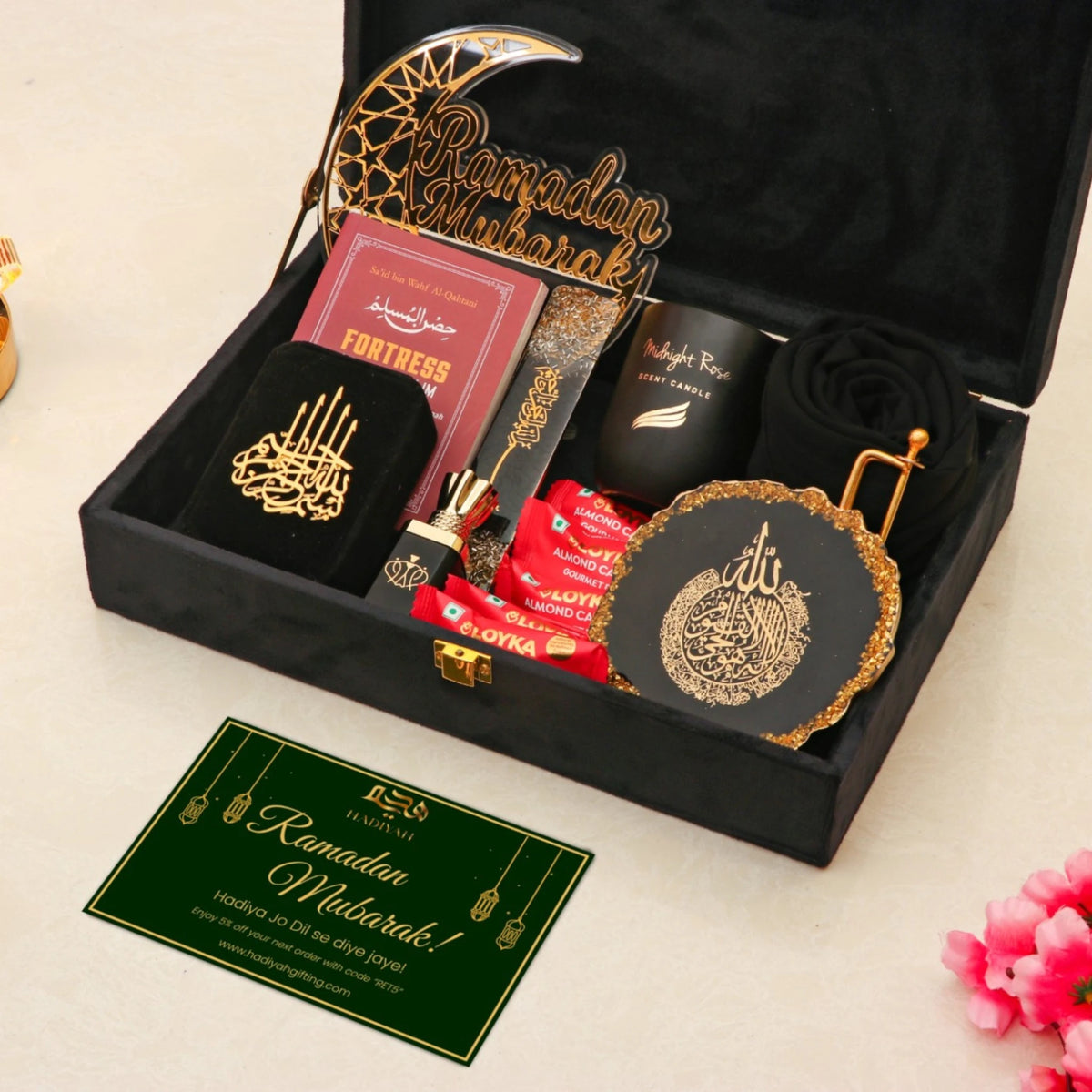Noor Al-Ramadan Gift Box - Ramadan Gift Box | Essentials featuring tasbeeh, hijab, candle, and Ayatul Kursi frame in a black velvet box.