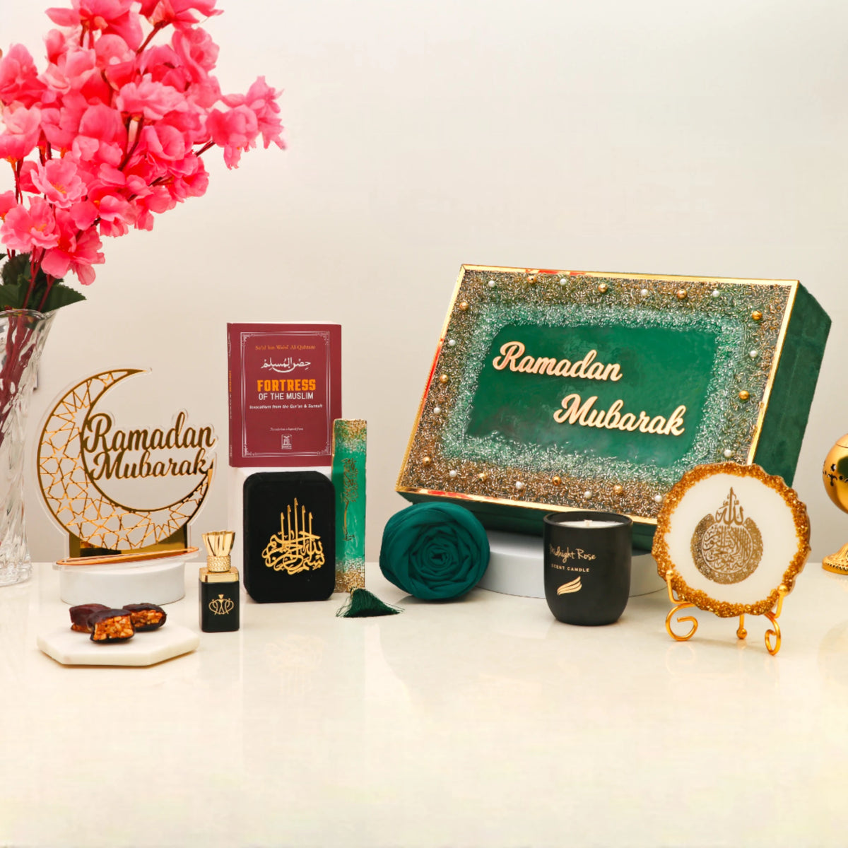 Noor Al-Ramadan Gift Box - Ramadan Gift Box | Essentials in green glitter box with prayer items, candle, and Islamic decor for festive gifting.