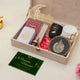 Open Noor Al-Ramadan Gift Box displaying tasbeeh, prayer book, candle, hijab, and Islamic decor, ideal for Ramadan celebrations.