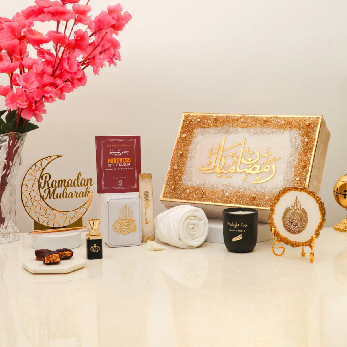 Elegant Noor Al-Ramadan Gift Box with Islamic essentials like hijab, prayer book, candle, and decor, ideal for Ramadan gifting.