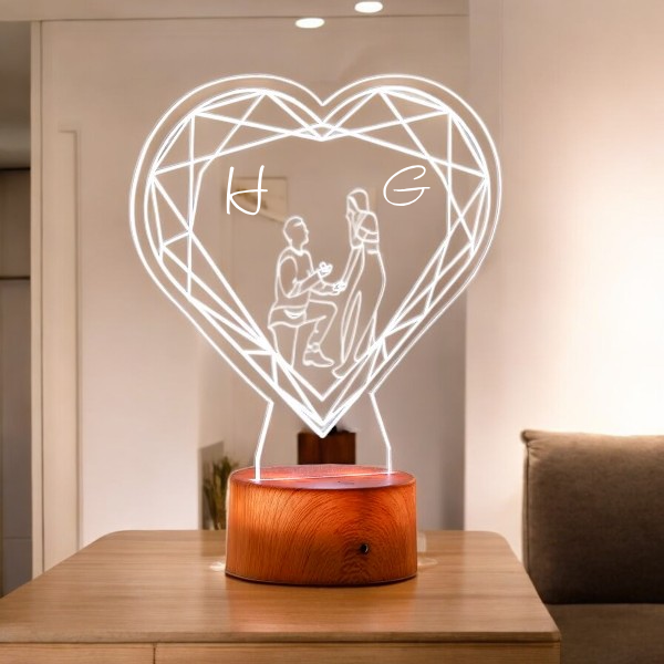 Noor-e-Mohabbat LED Lamp with personalized initials H and G on heart-shaped acrylic, wooden base, perfect for romantic home decor or gifting. Main image