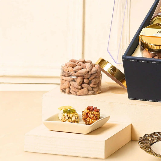 Close-up of dry fruits and premium sweets from the Barakah Bites Festive Hamper - Festive Food Hamper, perfect for gifting on special occasions.