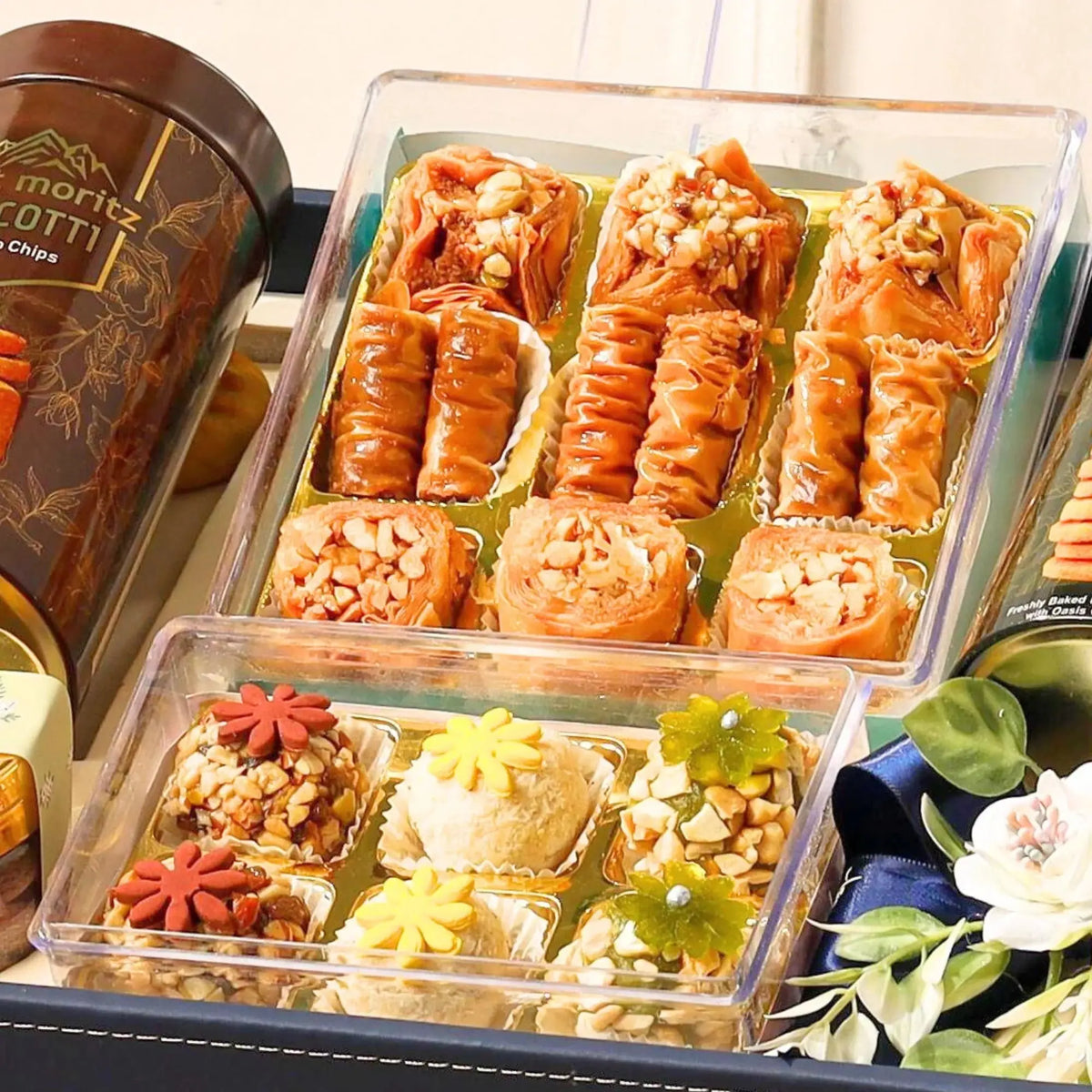 Assorted baklava and nut-filled sweets in the Barakah Bites Festive Hamper - Festive Food Hamper, ideal for weddings, Eid, and festive gifting.