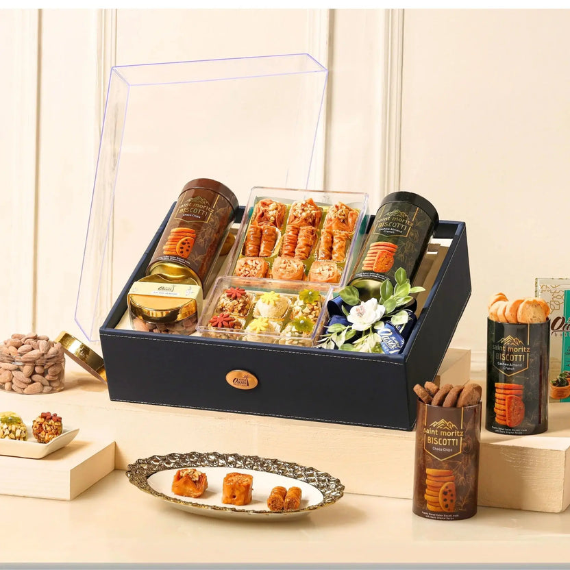 Barakah Bites Festive Hamper - Festive Food Hamper with assorted sweets, dry fruits, and gourmet biscotti in a luxury gift box. Ideal for Eid and celebrations. Main image