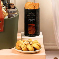 Saint Moritz Biscotti cashew almond crunch cookies in a black container on a table.