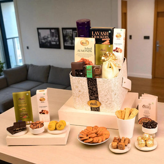 Noor-e-Zaiqa Hamper - Festive Gourmet Food gift set featuring assorted sweets, dry fruits, and snacks, ideal for Eid, weddings, and celebrations.