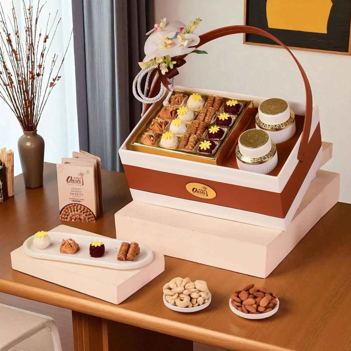 Heritage Gourmet Tray - Gourmet Gift Tray with cashews, almonds, baklawa, and fusion sweets in a luxury box. Ideal for festive gifting and celebrations.