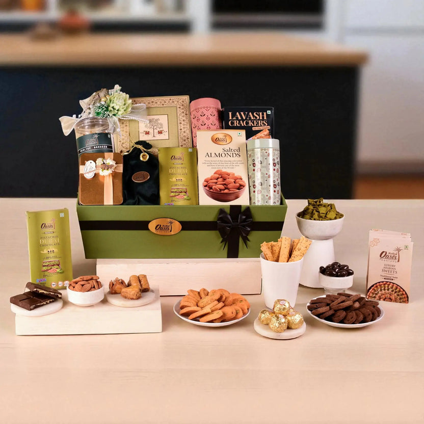 The Artisan Selection - Luxury Gourmet Gift Basket featuring pista kunafa bar, baklava, salted almonds, cookies, and crackers, ideal for gifting. Main image