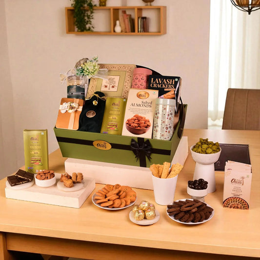 The Artisan Selection - Luxury Gourmet Gift Basket with assorted sweets, nuts, and snacks, perfect for Eid, weddings, and festive celebrations.