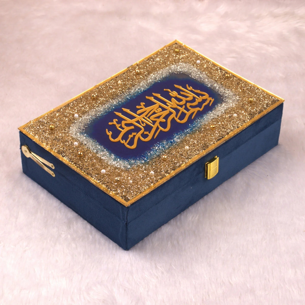 Blue Handmade Designer Velvet Quran Box with glitter border and gold Bismillah, perfect for storing Islamic keepsakes.