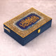 Blue Handmade Designer Velvet Quran Box with glitter border and gold Bismillah, perfect for storing Islamic keepsakes.
