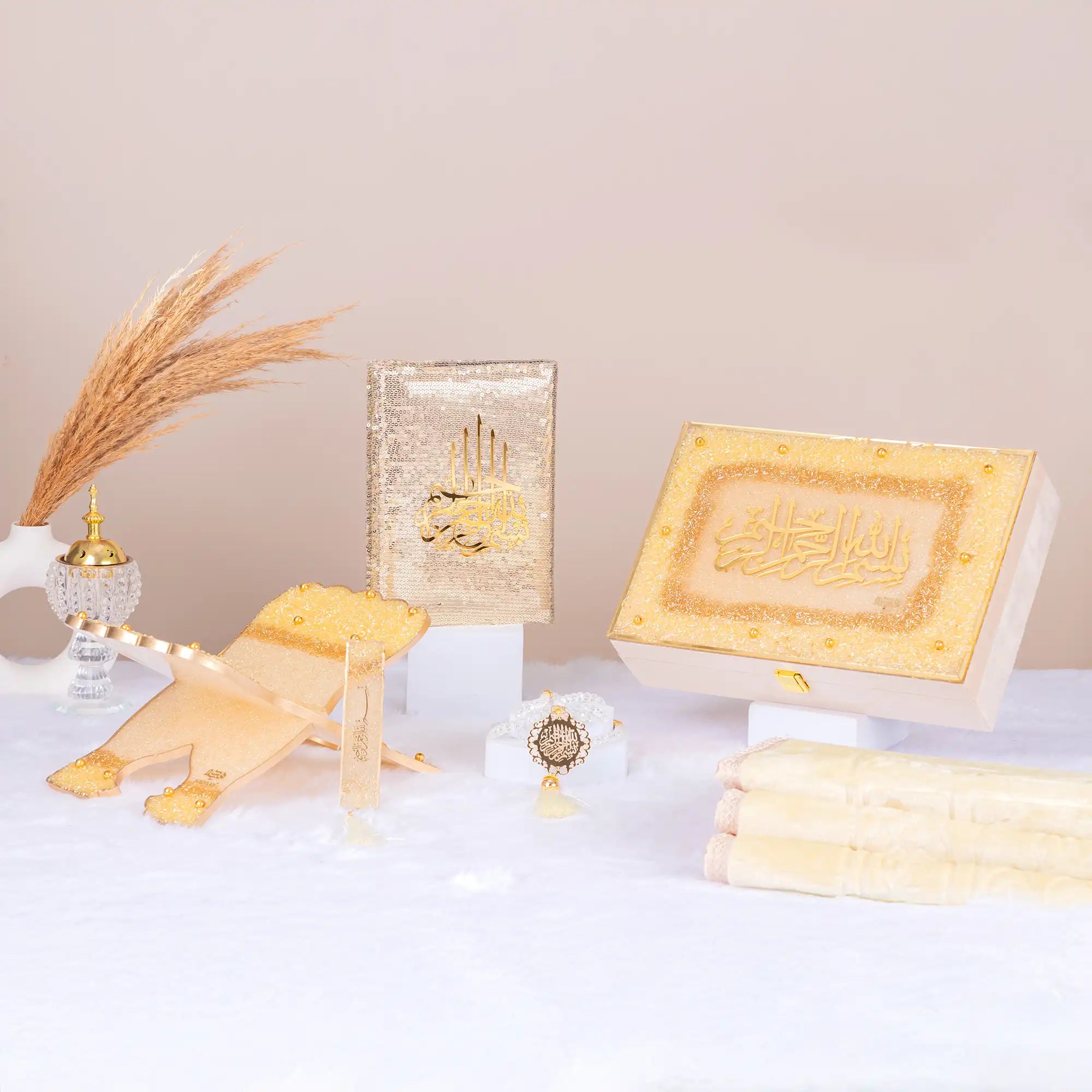 Amaanat-e-Nikaah Offwhite Bling Collection featuring a premium Quran gift set with crystal tasbeeh, prayer mat, and decorative box for weddings. Main image