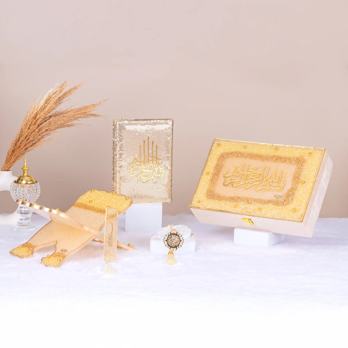 Complete Amaanat-e-Nikaah gift set with Quran, tasbeeh, rehal, and prayer mat in offwhite and gold tones for bridal gifting.