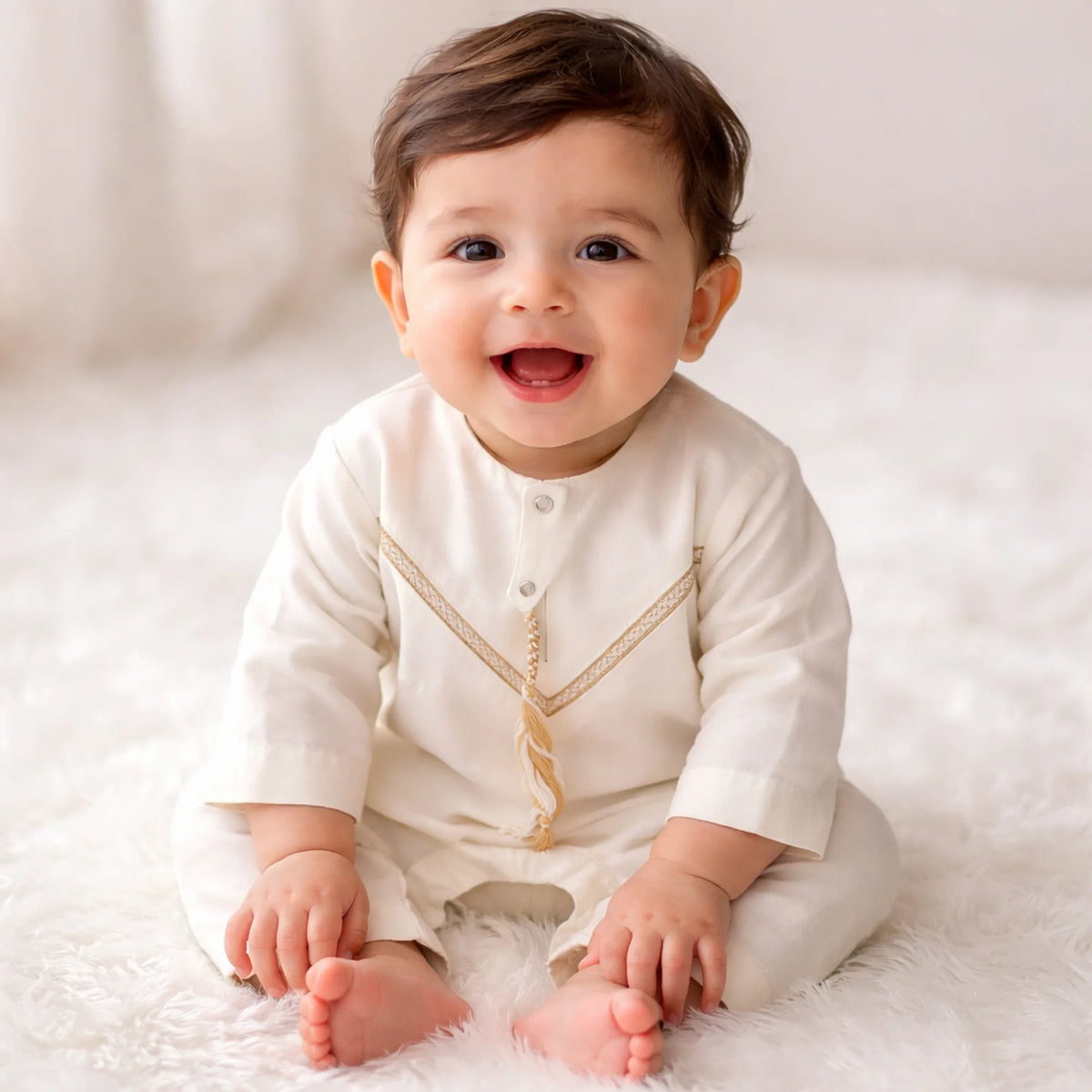 Close-up of smiling baby boy with brown hair and big eyes