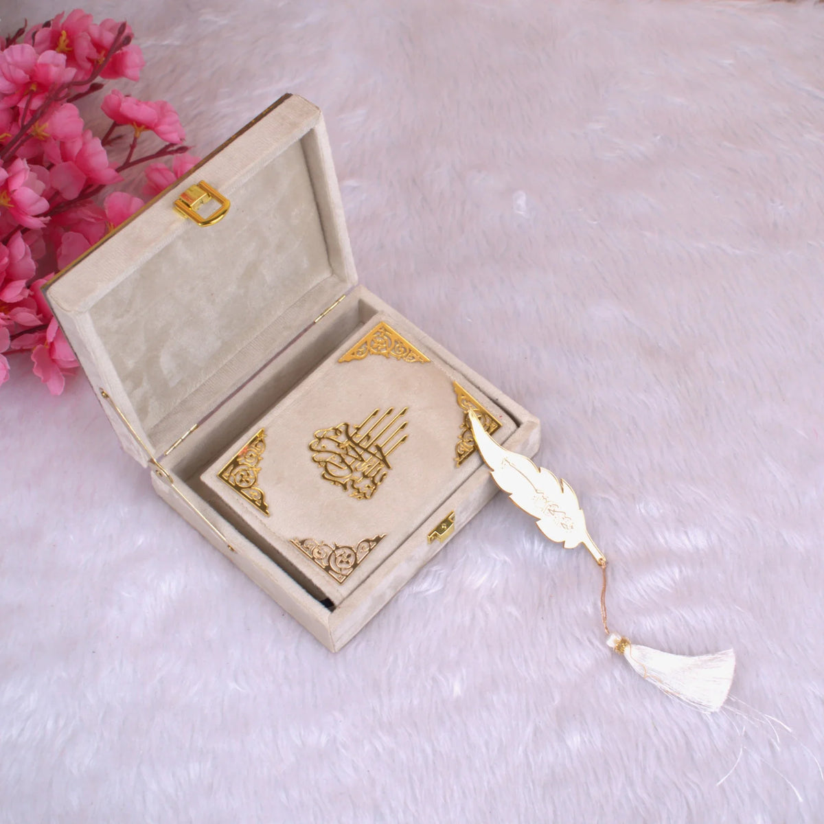 Mini Tilawat-e-Quran placed inside a velvet-lined offwhite gift box with feather bookmark. Part of the Offwhite Flakes Velvet Quran Gift Set collection.