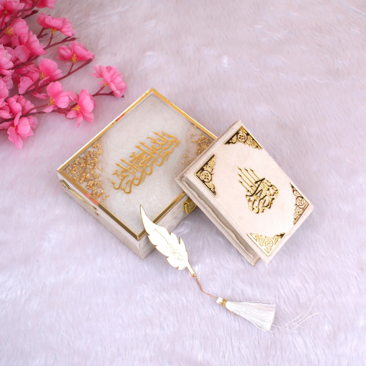 Velvet Quran Gift Set - Offwhite Flakes featuring a mini Tilawat-e-Quran with gold detailing, elegant box, and feather bookmark. Ideal for religious gifting.