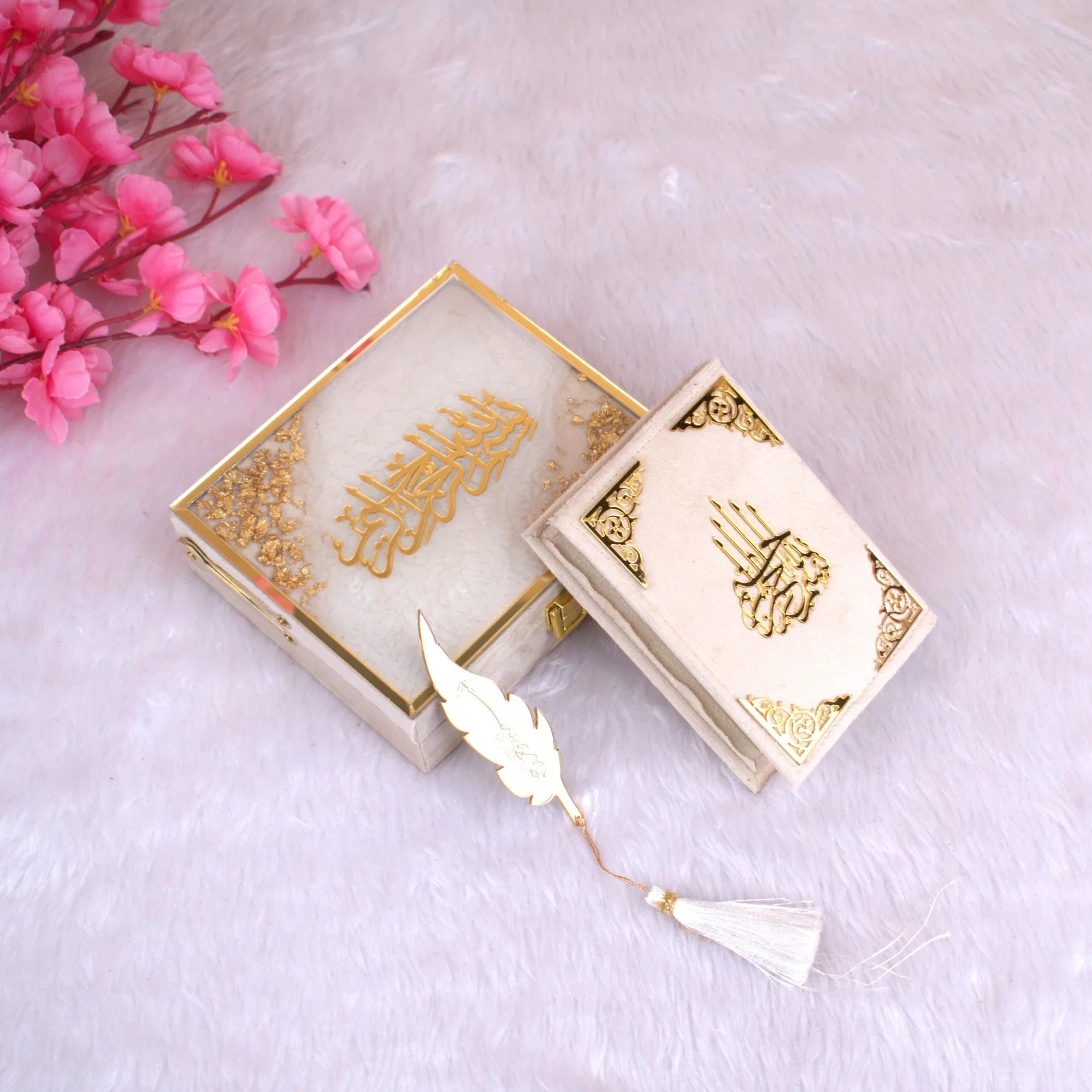 Velvet Quran Gift Set - Offwhite Flakes featuring a mini Tilawat-e-Quran with gold detailing, elegant box, and feather bookmark. Ideal for religious gifting. Main image