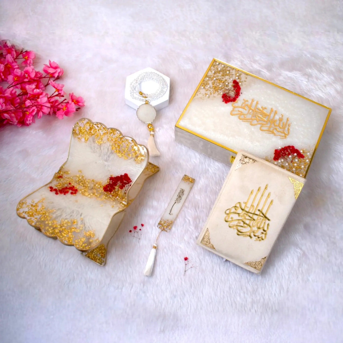 Floral Pearl Rehal Hamper featuring offwhite Quran gift set with resin Rehal, Tasbeeh, and personalized box. Ideal for Sawab-e-Jariya gifting.