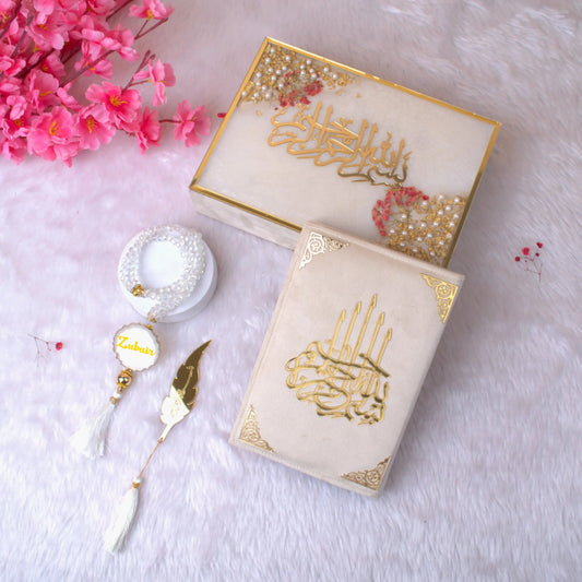 Offwhite Floral Pearl Tilawat-e-Quran Gift Set featuring Arabic Quran, pearl Tasbeeh, and bookmark in a decorative box. Ideal for bridal or spiritual gifting.