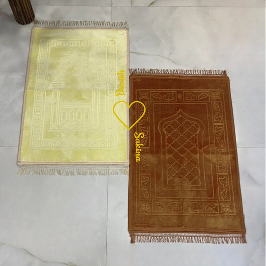 Rectangle Couple Janamaz Set in offwhite and golden brown with heart design, ideal Islamic gift for weddings or bridal ceremonies.