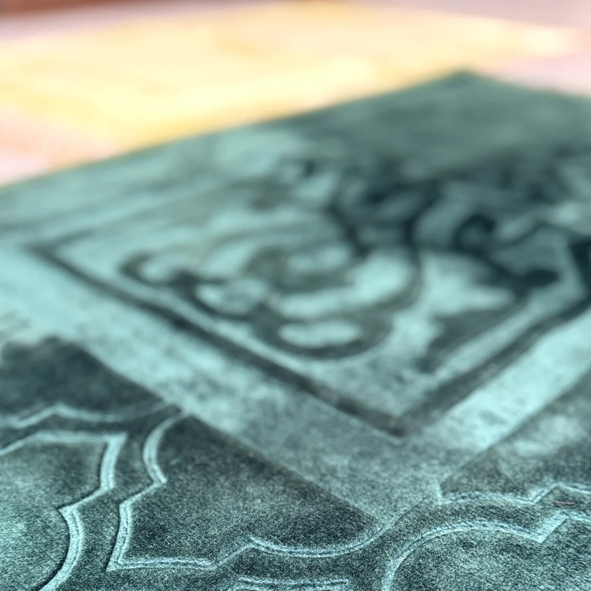 Soft textured green prayer mat from the Offwhite & Green Rectangle Couple Janamaz Set, highlighting plush fabric and detailed design.