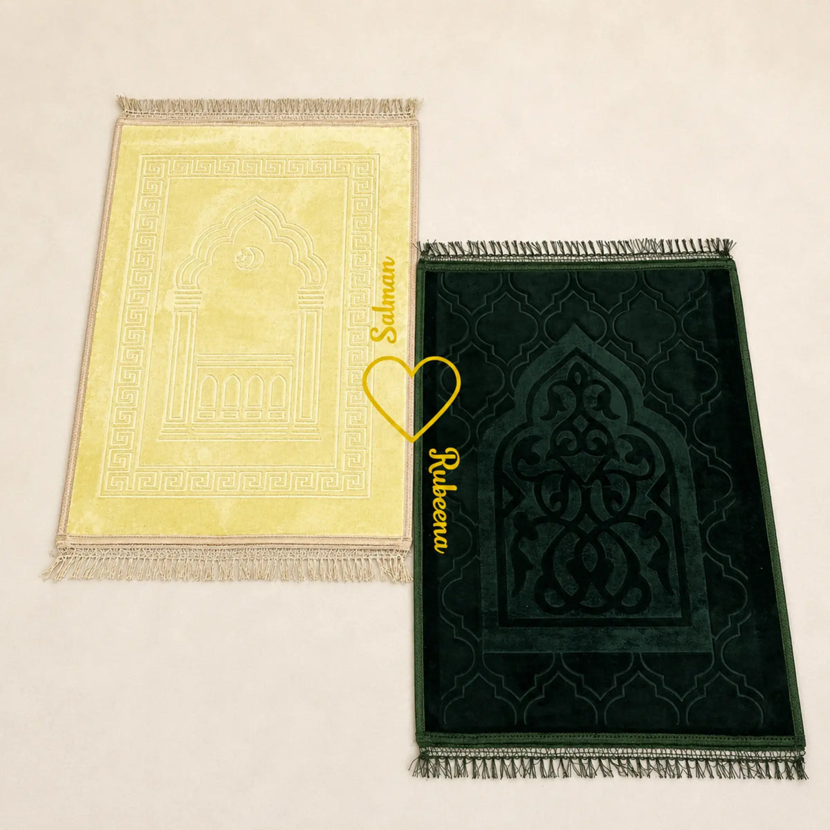Offwhite & green rectangle couple Janamaz set with heart design and personalized names, ideal for weddings or religious gifts.