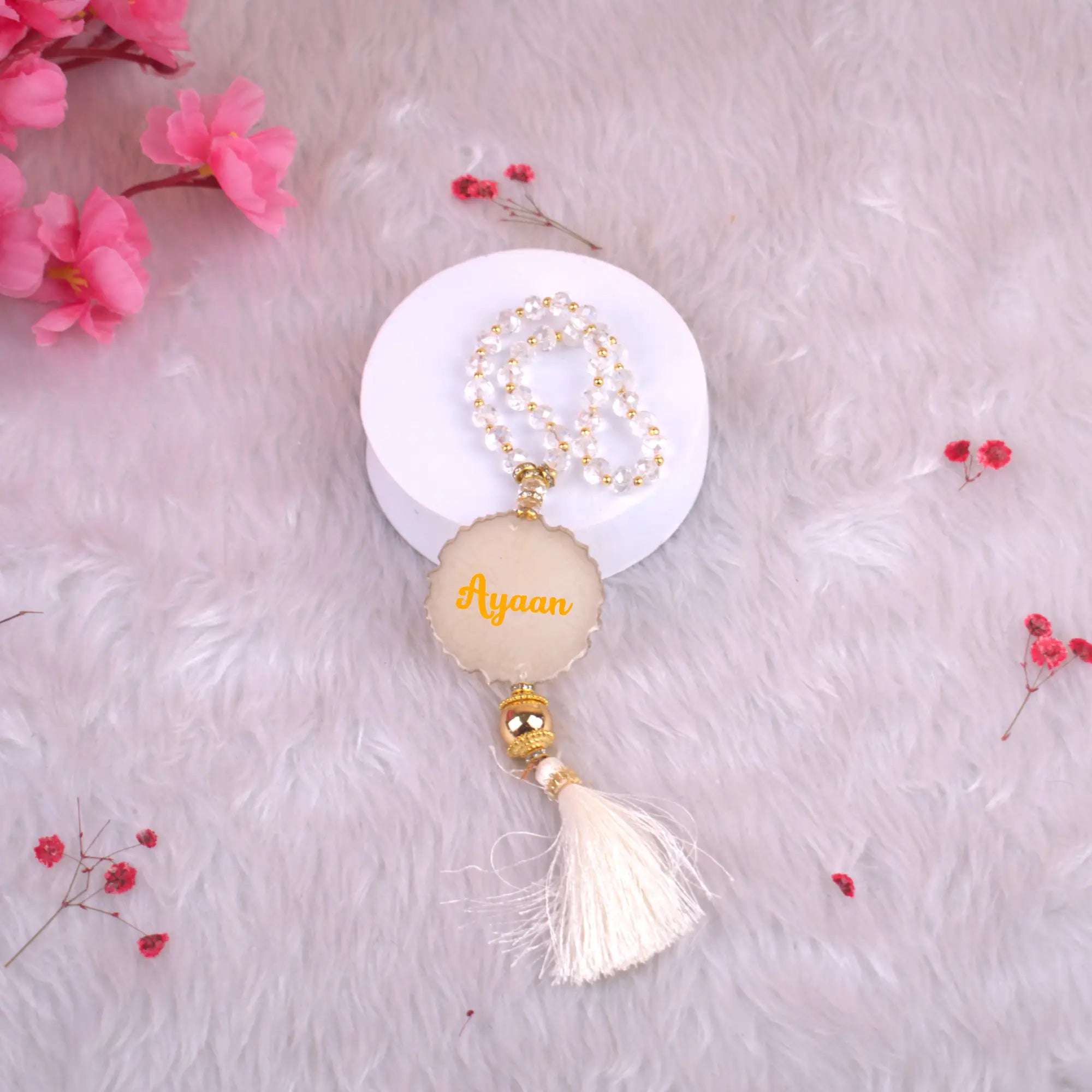 White 33 Beads Tasbeeh with Resin Agate and name 'Ayaan', elegant handmade prayer beads for wedding favors and religious use.