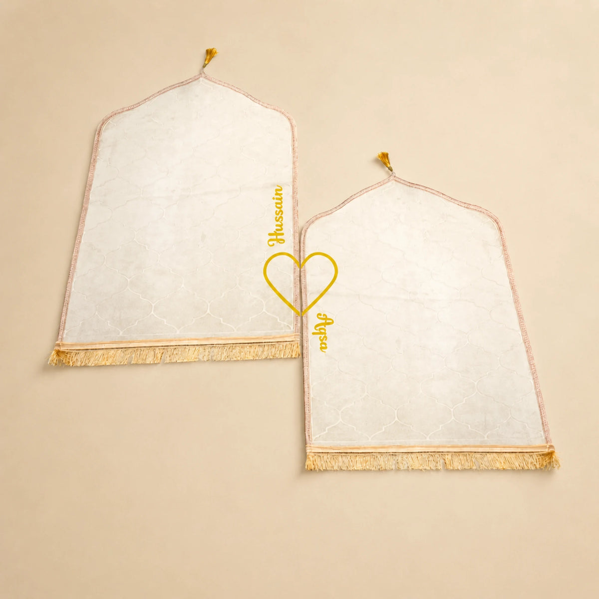 Personalized offwhite Janamaz set with names, included in the Bridal Gift Hamper - Sawab-e-Jariya for couples' wedding gifts.