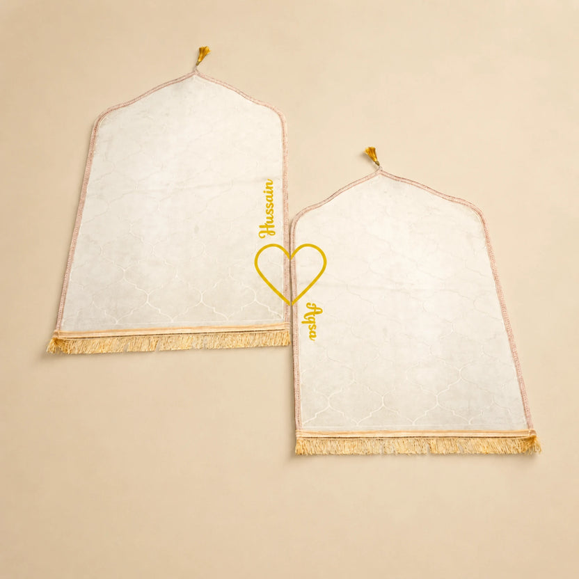 Personalized offwhite Janamaz set with names, included in the Bridal Gift Hamper - Sawab-e-Jariya for couples' wedding gifts. Main image