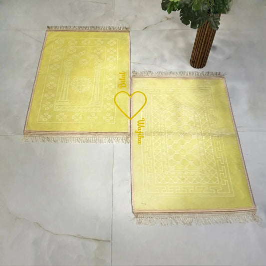 Yellow Janamaz set with personalized names, part of the Bridal Gift Hamper - Sawab-e-Jariya for wedding and religious gifting.