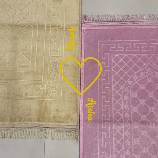 Close-up of personalized Couple Janamaz with names 'Aisha' and 'Yusuf' in yellow heart, perfect for wedding gifts.