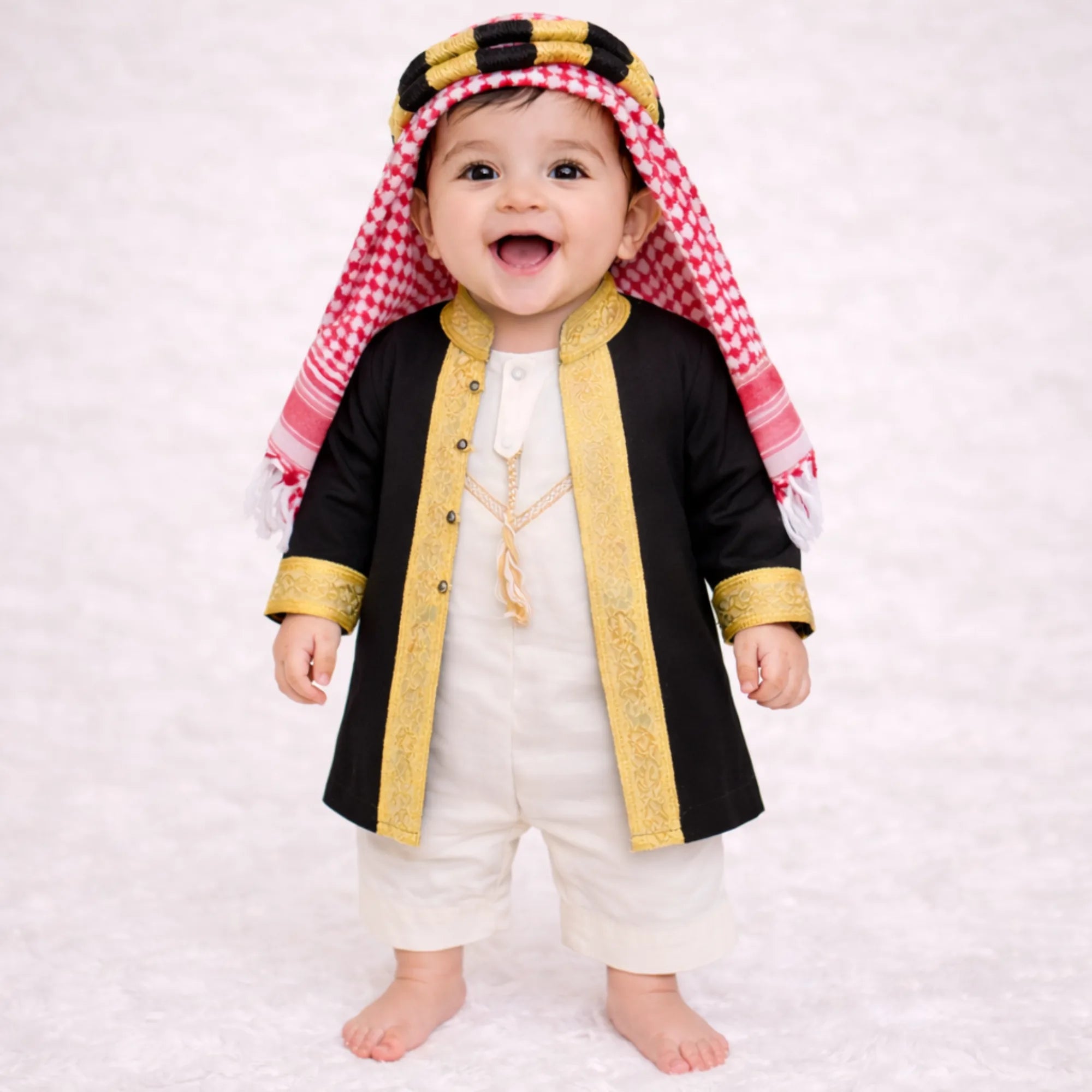 Baby boy wearing traditional black and gold thobe with red and white headscarf Main image