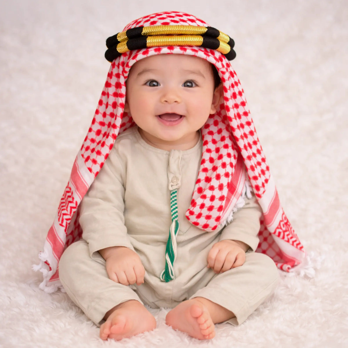 Baby boy in traditional red and white keffiyeh with gold and black headband, sitting on white fluffy surface