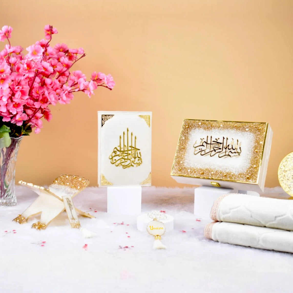 Elegant Kids Islamic Gift Set with Quran, Bismillah box, and prayer accessories. Perfect for Ramadan, Eid, or religious milestones.