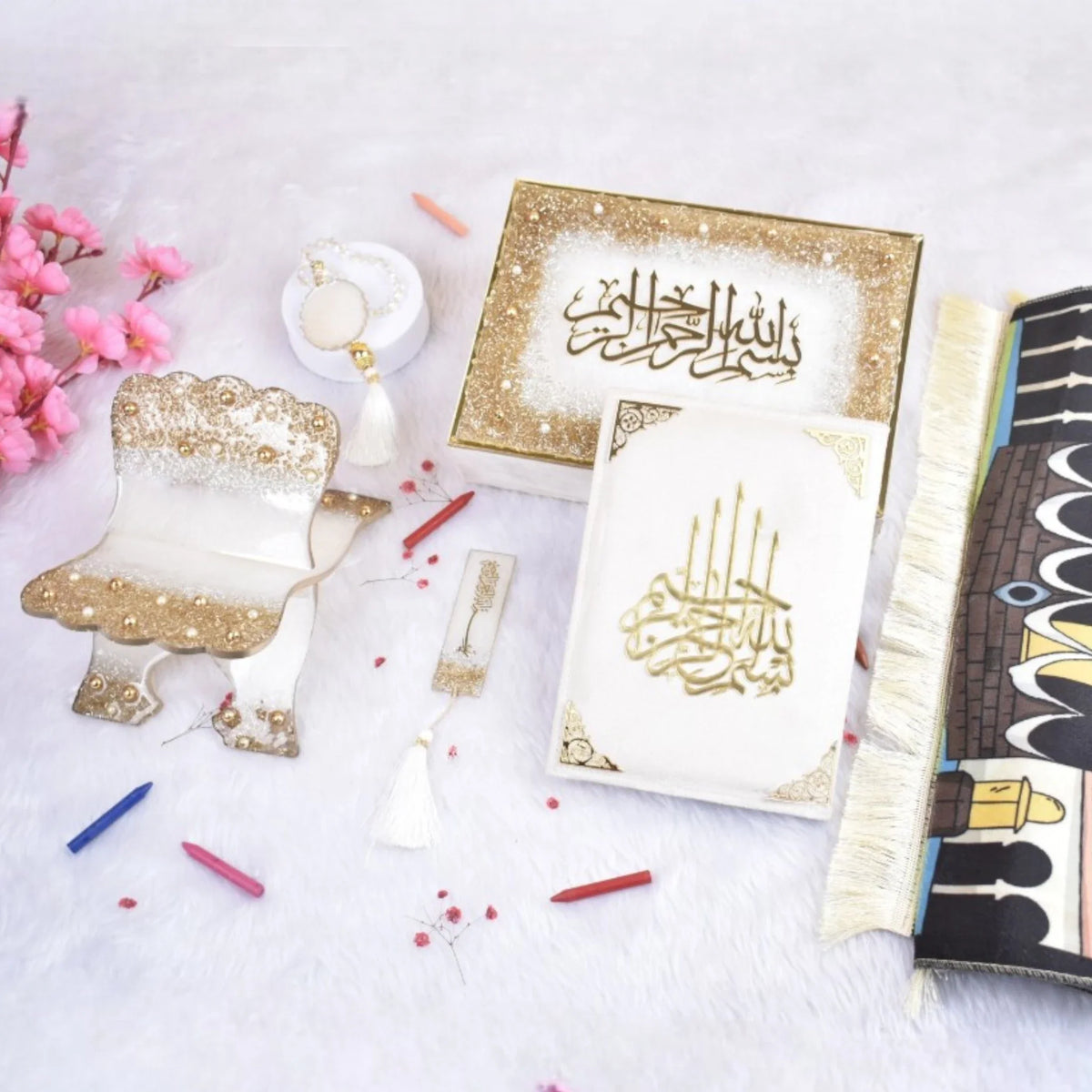 Kids Gift Hamper Islamic Set featuring a premium Quran, prayer mat, tasbeeh, and gold-detailed rehal. Ideal for Eid or Bismillah ceremony gifts.