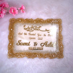 Custom Offwhite Rectangle Couple Frame with glitter design, Quran 78:8 verse, and names Somi & Adil, perfect for weddings and home decor.