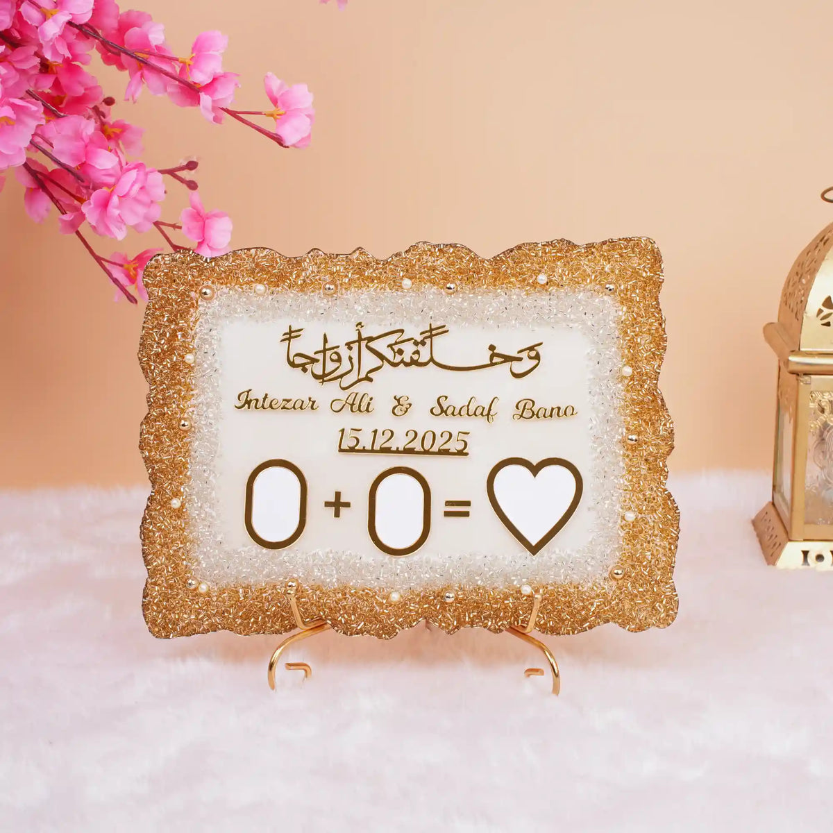12x9 inch Sequence Rectangle Couple Frame with gold glitter border, personalized names and date, ideal Resin Art Couple Frame for wedding gift.