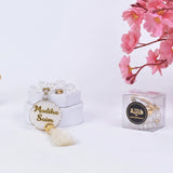 White crystal tasbeeh with custom name from Offwhite Rehal Hamper – The Bling Collection, personalised Islamic gift for Nikah and Eid