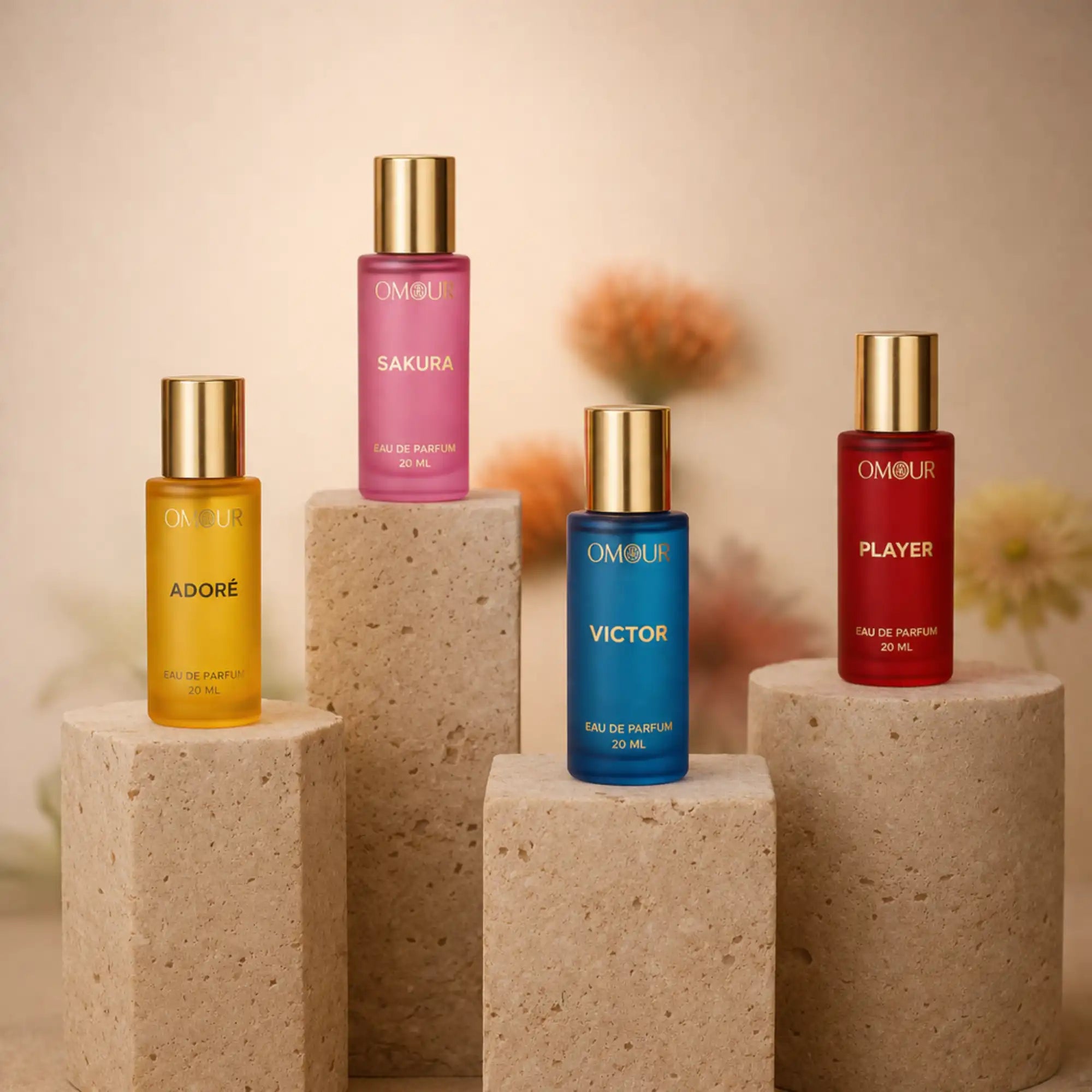 Set of colorful perfume bottles on beige pedestals for luxury fragrance display Main image