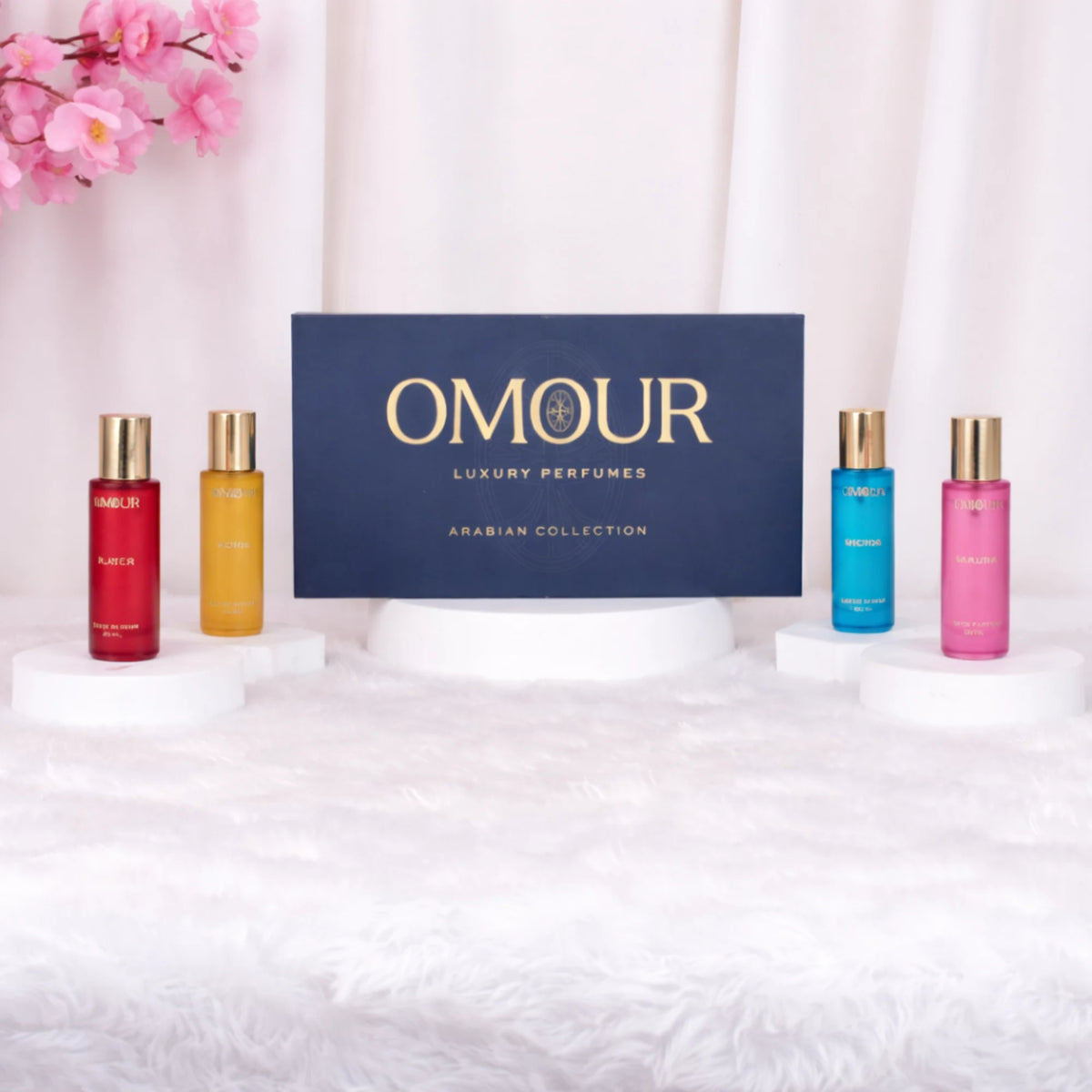 Pink Sakura perfume bottle with floral background for floral fragrance promotion