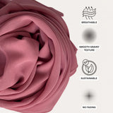 Rolled Coral Delight Chiffon Hijab with icons showing breathable, sustainable, and no-fade features for long-lasting elegance.