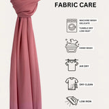Coral Delight Chiffon Hijab with fabric care instructions including machine wash, hand wash, and low iron for easy maintenance.