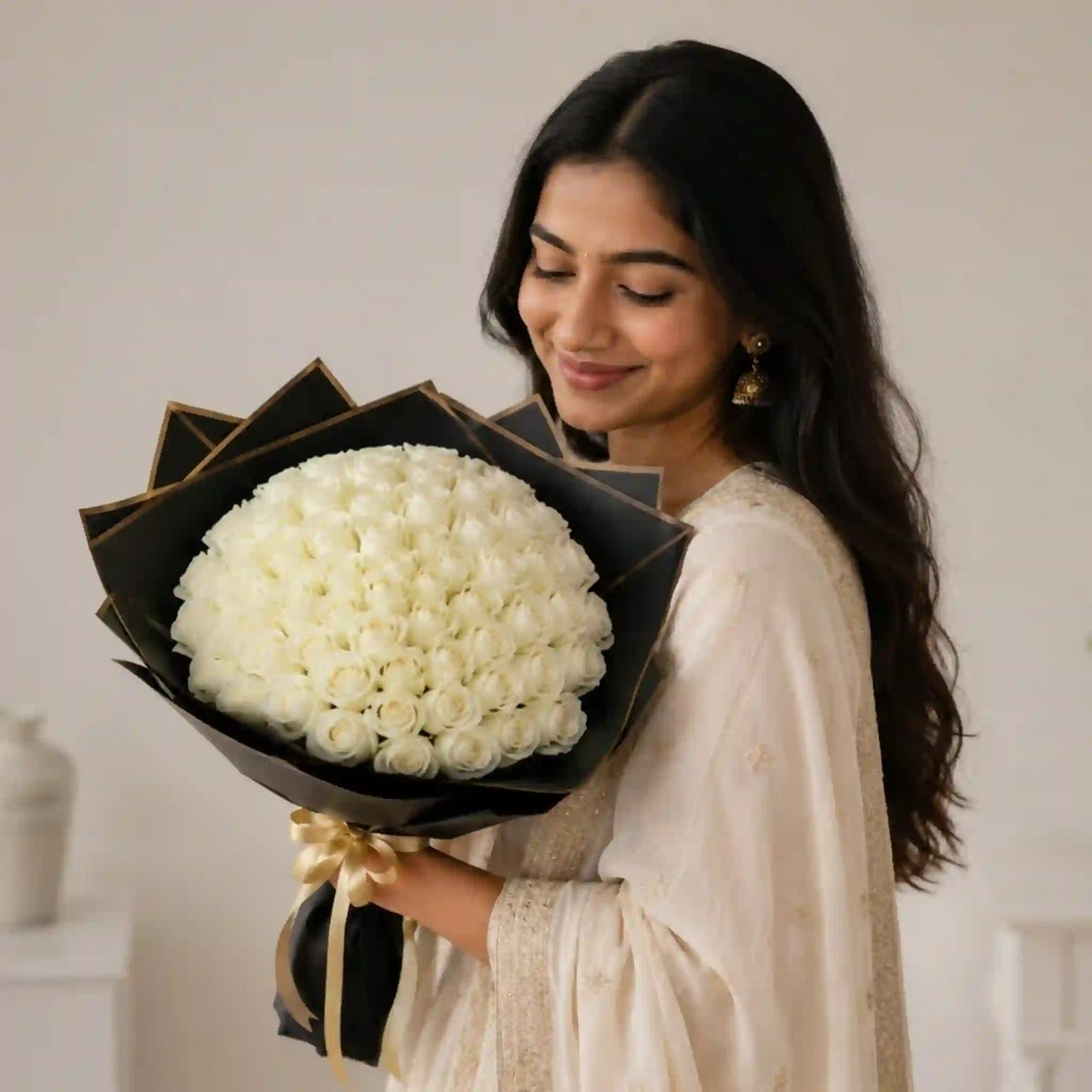 Peaceful White Roses Bouquet — detail of the flowers and wrapping